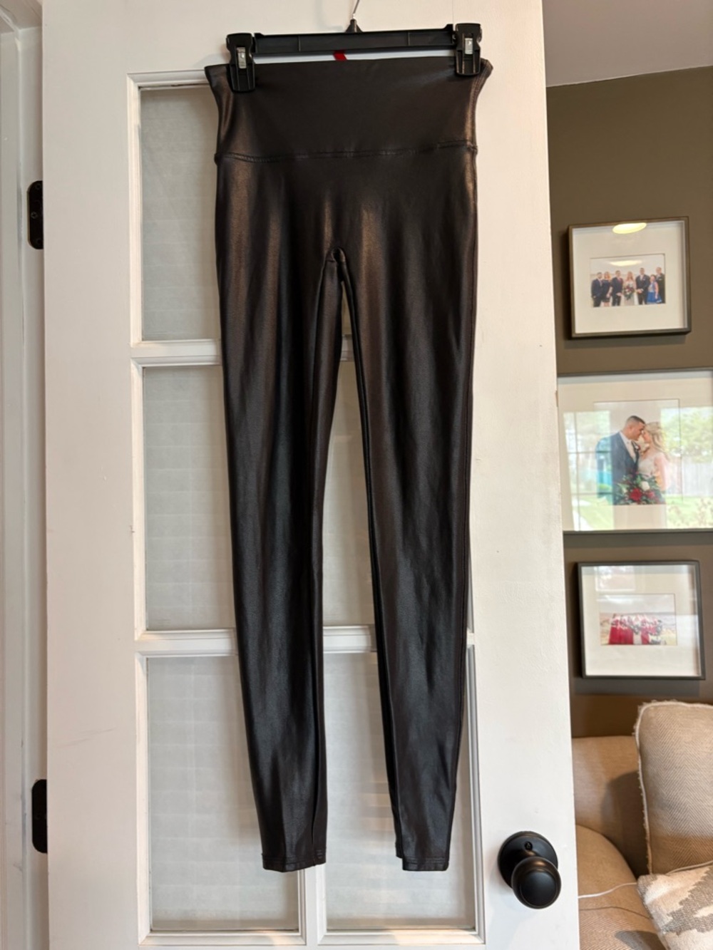 SPANX Black Faux Leather Leggings with Red Tag